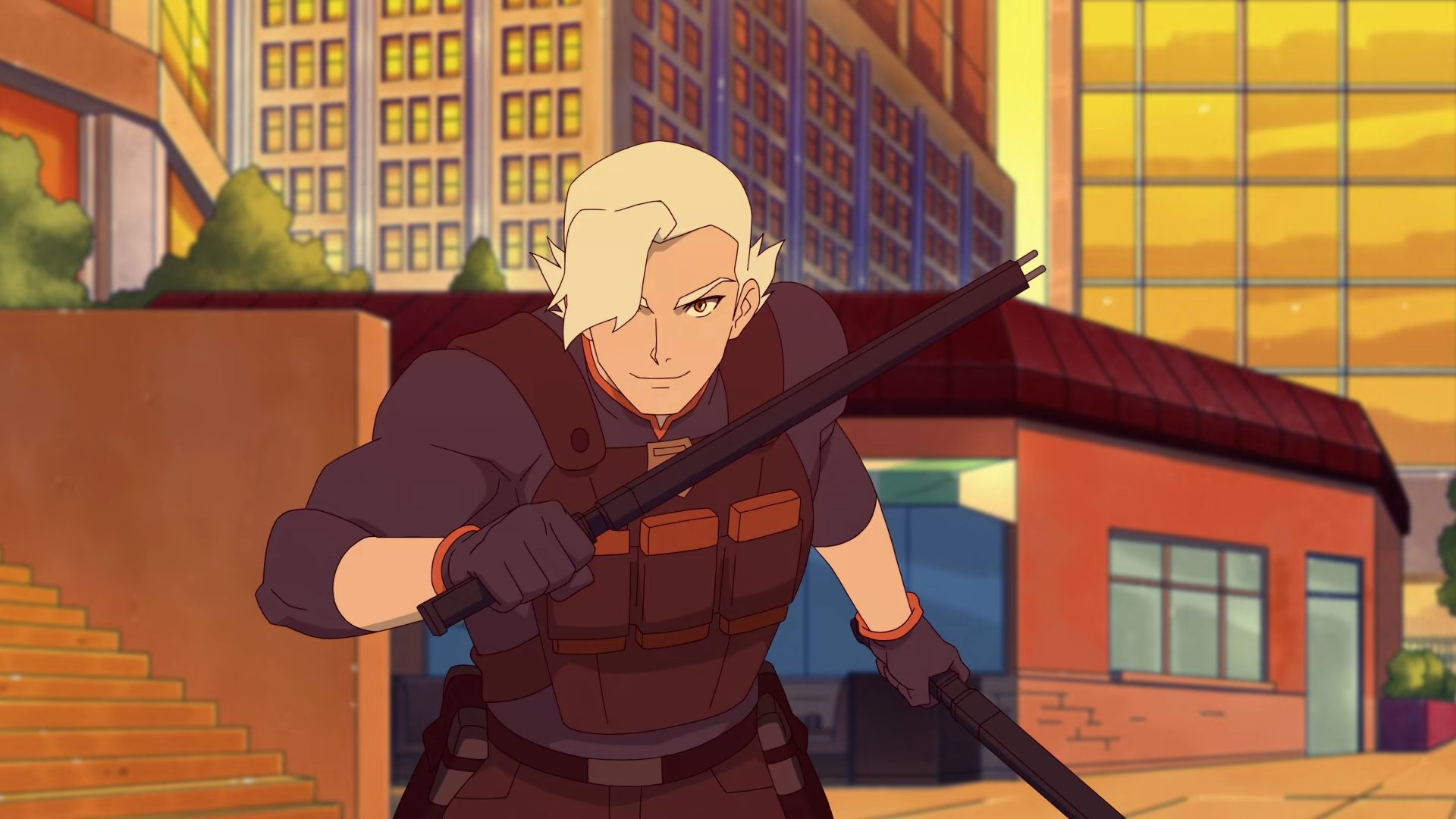 Deathstroke (Chris Parnell) prepares to throw down with Livewire (Zehra Fazal) in My Adventures with Superman Season 1 Episode 2 "My Interview with Superman" (2023), DC Animation