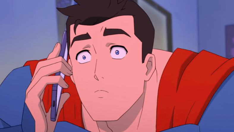 Superman (Jack Quaid) gets an emergency phone call in My Adventures with Superman Season 1 Episode 2 "My Interview with Superman" (2023), DC Animation