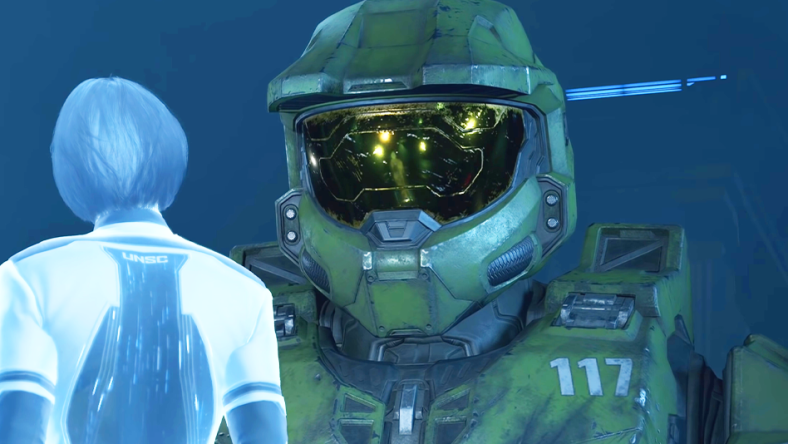 The Weapon (Jen Taylor) informs Master Chief (Steve Downes) of their current situation in Halo 4 (2012), Microsoft Studios