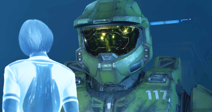 The Weapon (Jen Taylor) informs Master Chief (Steve Downes) of their current situation in Halo 4 (2012), Microsoft Studios