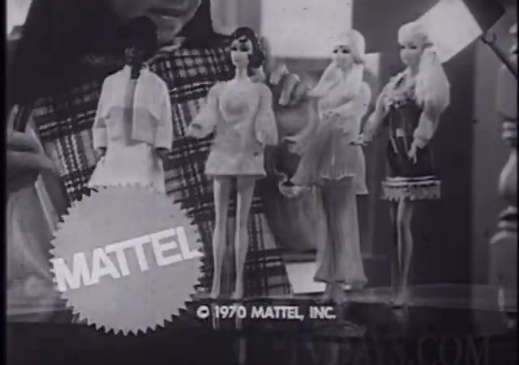 A 1970 television ad for Barbie & Friends featuring the company's first black doll, Christie (far left).