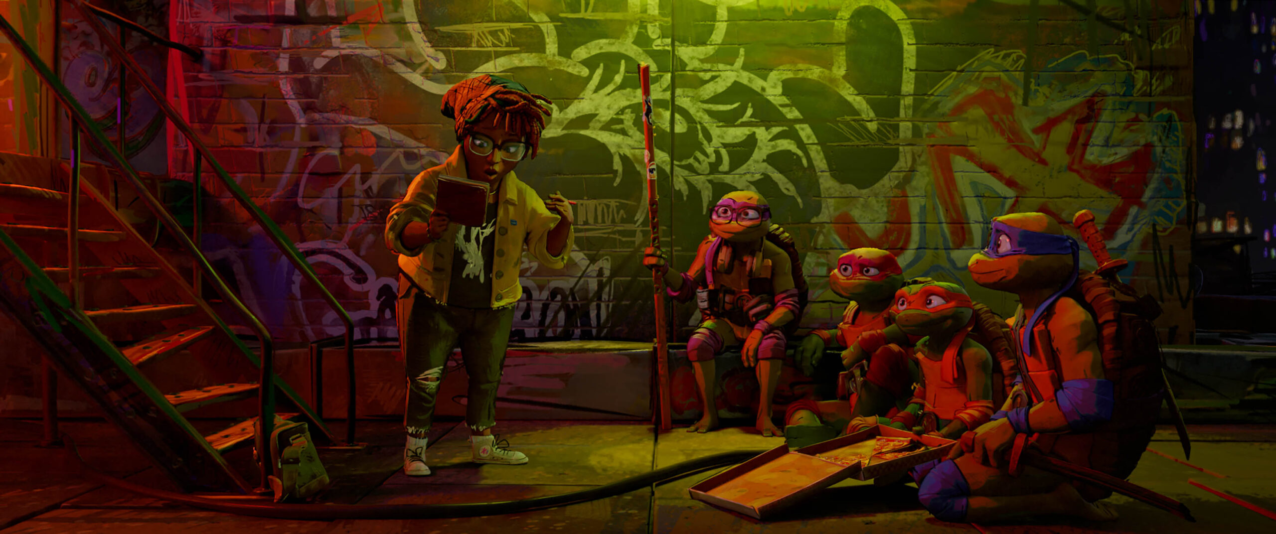 Lr, APRIL O'NEIL, DONATELLO, RAPHAEL, MICHELANGELO e LEONARDO em PARAMOUNT PICTURES e NICKELODEON MOVIES ApresentamA POINT GREY Production “TEENAGE MUTANT NINJA TURTLES: MUTANT MAYHEM” 