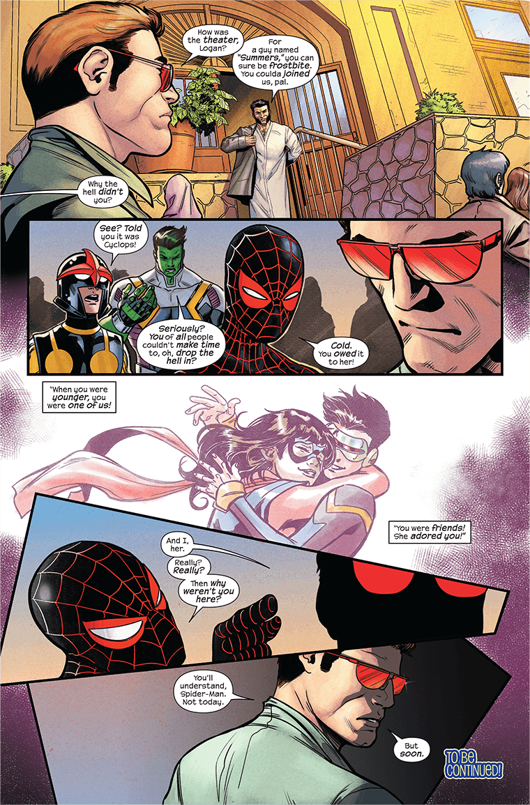 Cyclops teases Ms. Marvel's upcoming revival in Fallen Friend: The Death of Ms. Marvel (2023), Marvel Comics. Words by Saladin Ahmed, art by Andrea Di Vito, Edgar Delgado, and Ariana Maher.