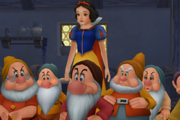 The Seven Dwarfs gather to protect Snow White (Carolyn Gardner) from Ventus (Jesse McCartney) in Kingdom Hearts Birth by Sleep (2009), Square Enix