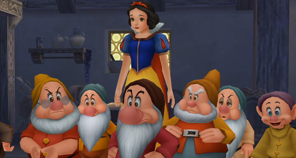 The Seven Dwarfs gather to protect Snow White (Carolyn Gardner) from Ventus (Jesse McCartney) in Kingdom Hearts Birth by Sleep (2009), Square Enix