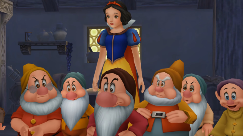 The Seven Dwarfs gather to protect Snow White (Carolyn Gardner) from Ventus (Jesse McCartney) in Kingdom Hearts Birth by Sleep (2009), Square Enix