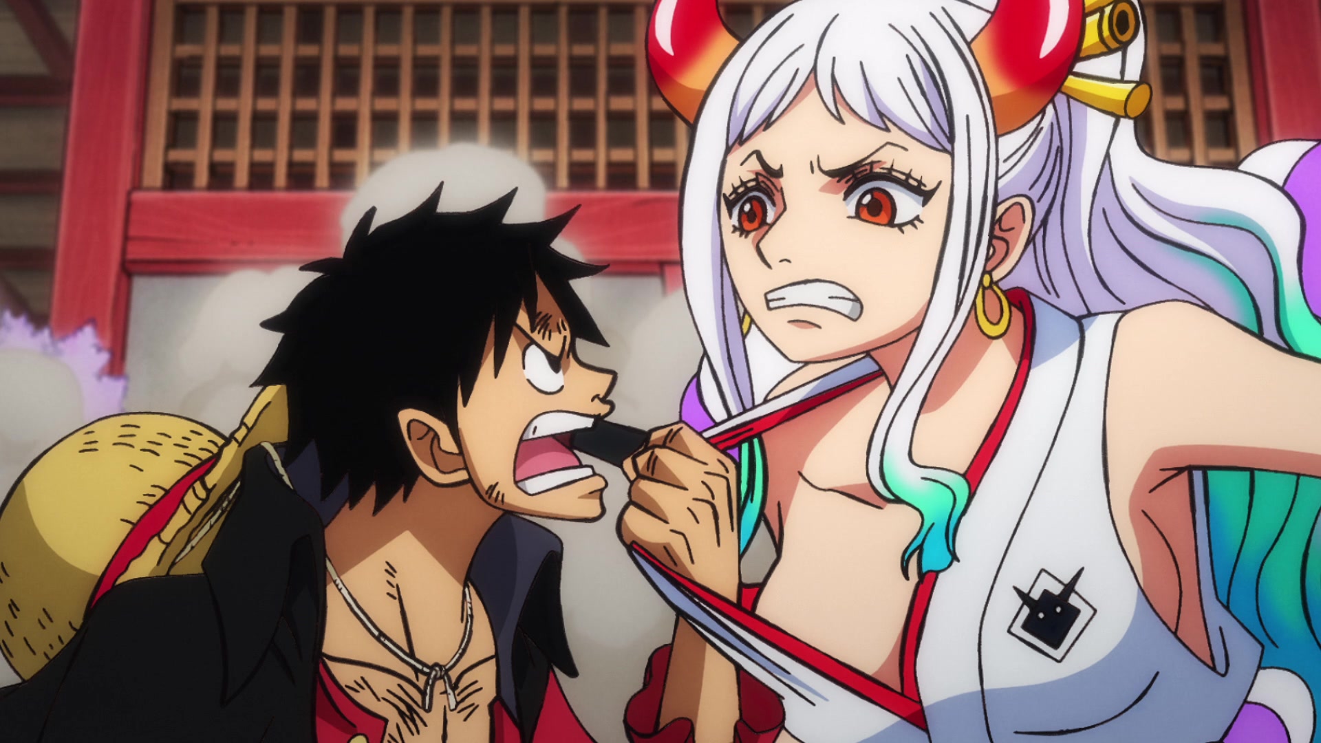 Luffy (Mayumi Tanaka) demands answers from Yamato (Saori Hayami) in One Piece Episode 969 "To Wano Country! The Roger Pirates Disband" (2021), Toei Animation