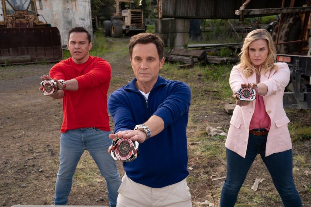 Rocky DeSantos (Steve Cardenas), Billy Cranston (David Yost), and Katherine Hillard (Catherine Sutherland) reunite for another fight in Mighty Morphin' Power Rangers: Once & Always (2023), Netflix