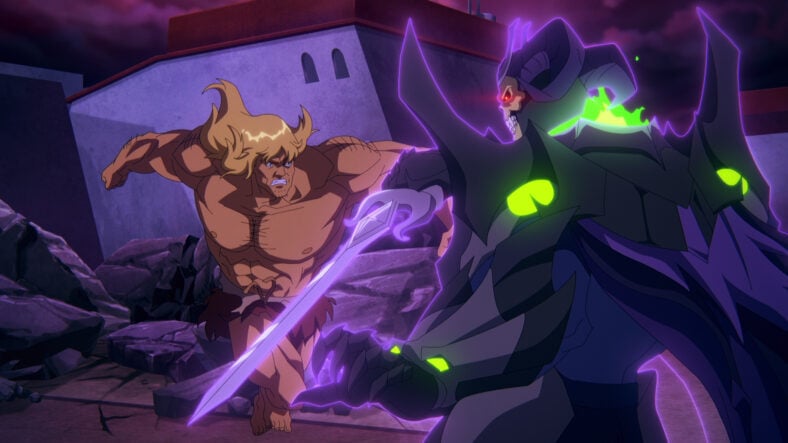 Skeletor (Mark Hamill) toys with Savage He-Man (Chris Wood) in Masters of the Universe: Revelation Season 2 Episode 2 "Reason and Blood" (2021), Netflix
