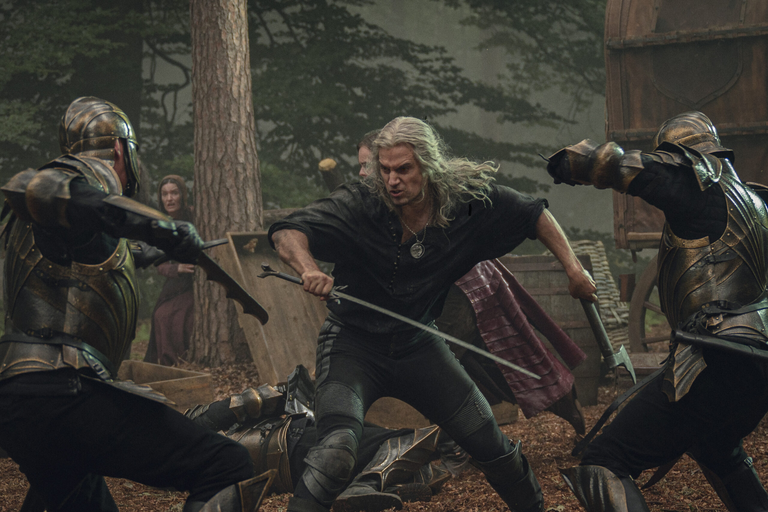 Geralt (Henry Cavill) lunges into battle in The Witcher Season 3 Episode 8 "The Cost of Chaos" (2023), Netflix