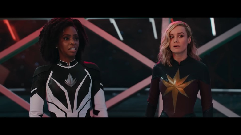 Monica Rambeau (Teyonnah Parris) and Carol Danvers (Brie Larson) exchange some typical Marvel humor in The Marvels (2023), Marvel Entertainment