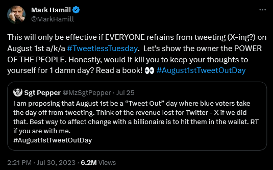 Mark Hamill calls for a day of no-Tweeting in protest of Elon Musk.