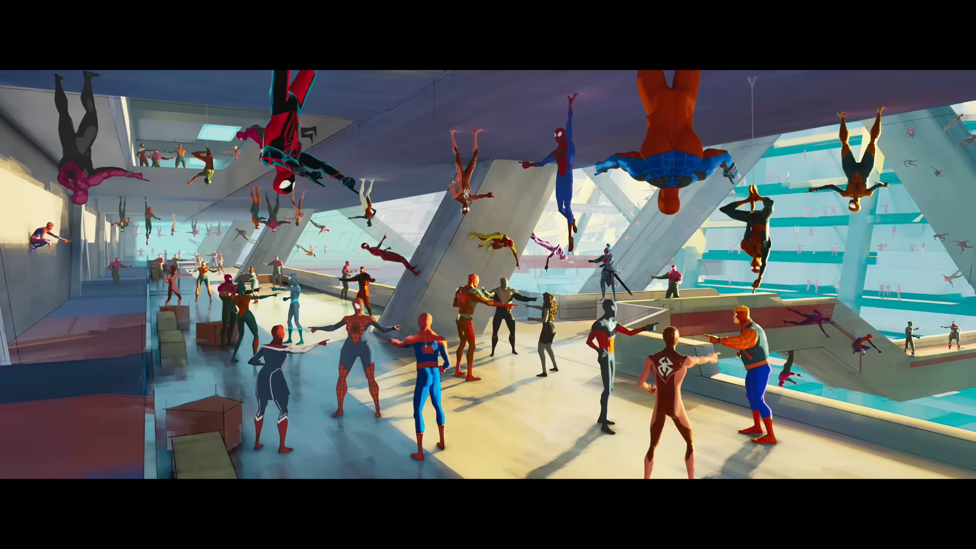 The Spider-Society recreates the infamous 'Spider-Man pointing meme' in Spider-Man: Across the Spider-Verse (2023), Sony Animation
