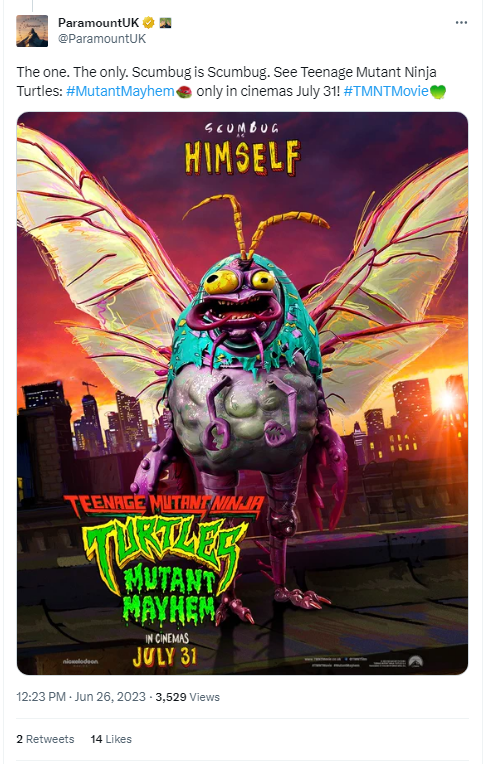 Cartaz de compartilhamento de conta do Twitter da Paramount UK Scumbug para Teenage Mutant Ninja Turtles: Mutant Mayhem