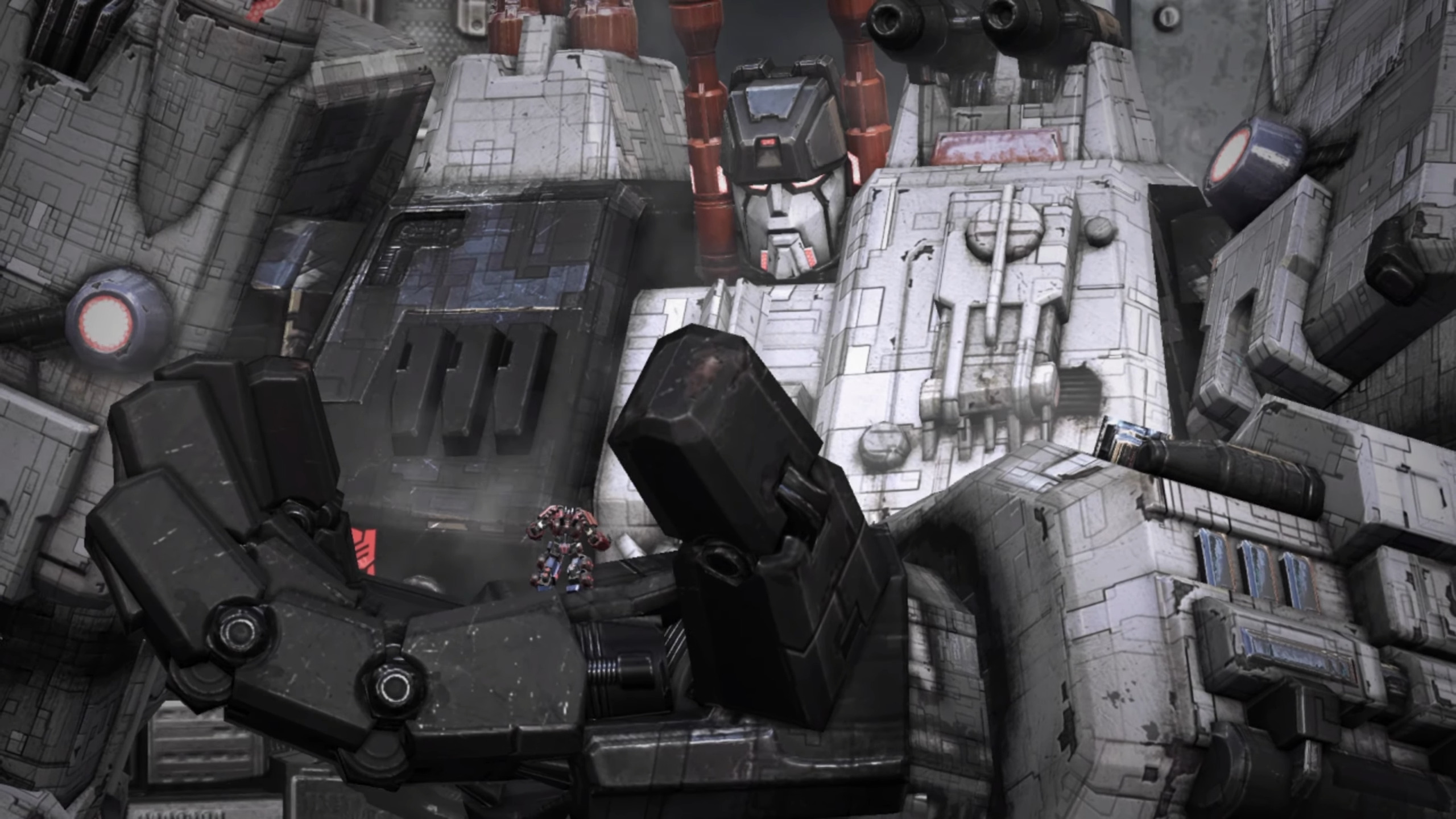 Metroplex (Fred Tatasciore) heeds the call of Optimus Prime (Peter Cullen) in Transformers: Fall of Cybertron (2012), Activision