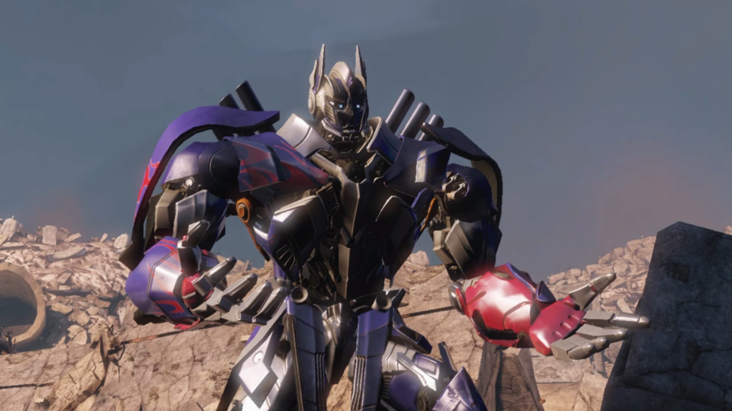 Optimus Prime (Peter Cullen) makes a plea for peace in Transformers: Rise of the Darkspark (2014), Activision