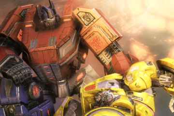 Optimus Prime (Peter Cullen) tends to a wounded Bumblebee (Johnny Young Bosch) in Transformers: War for Cybertron (2010), Activision