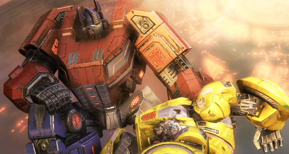 Optimus Prime (Peter Cullen) tends to a wounded Bumblebee (Johnny Young Bosch) in Transformers: War for Cybertron (2010), Activision