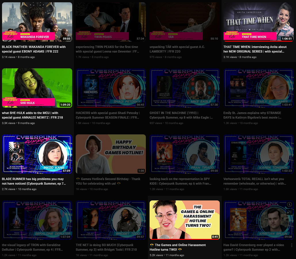 The five highlighted videos are the only uploads of Feminist Frequency's in the last twelve months to manage over 1,000 views