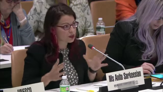 Anita Sarkeesian speaks on the subject of internet harassment to the United Nations Broadband Working Group on Gender (2015)