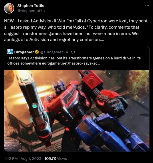 Axios reporter Stephen Totillo relays a response he received from Hasbro regarding Activision's supposed loss of the source codes to the 'Transformers: Cybertron' series.