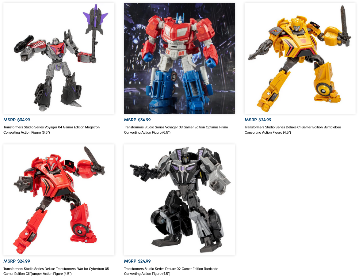The currently available releases in Hasbro's Transformers: Gamer Edition toy line.