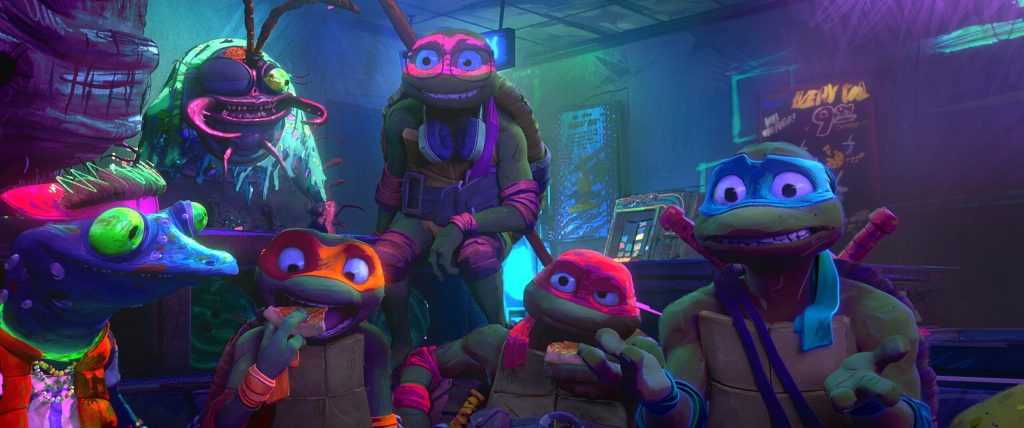 L-r, MONDO GECKO, MIKEY, DONNIE, RAPH and LEO in PARAMOUNT PICTURES and NICKELODEON MOVIES Present A POINT GREY Production “TEENAGE MUTANT NINJA TURTLES: MUTANT MAYHEM”