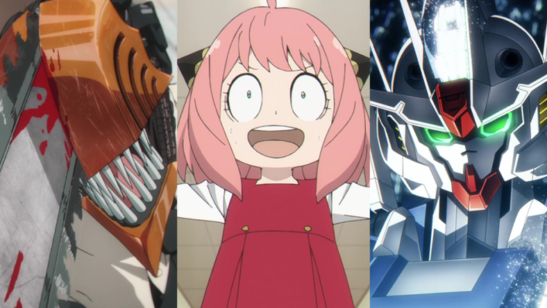 Denji (Kikunosuke Toya) unleashes his true power in Chainsaw Man Season 1 Episode 12 "Katana vs Chainsaw" (2023) / Anya (Atsumi Tanezaki) is unprepared for swim lessons in Spy x Family Season 1 Episode 11 "STELLA" (2023) / Gundam Aerial beams down on its opponent in Mobile Suit Gundam: The Witch From Mercury Season 1 Episode 21 "May All Blessings Find Their Way To You, I'm Wishing For It" (2023)