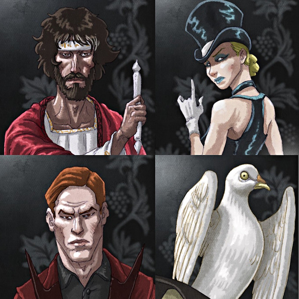 Four separate characters in an illustration for 'Draco Alchemicus.'