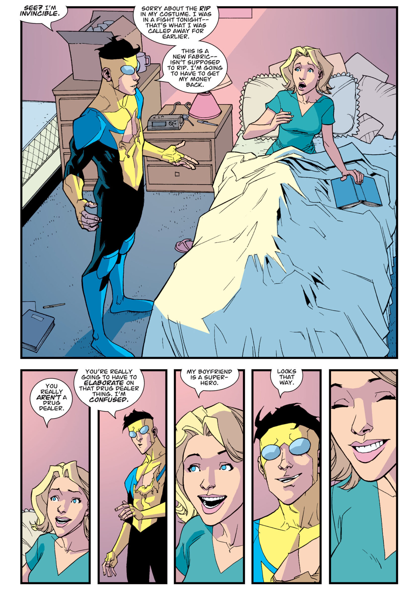 Invincible reveals his secret identity to Amber in Invincible Vol. 1 #22 "Man--That Was a Great Flick" (2005), Image Comics. Words by RObert Kirkman, art by Ryan Ottley, Bill Crabtree, and Rus Wooton.
