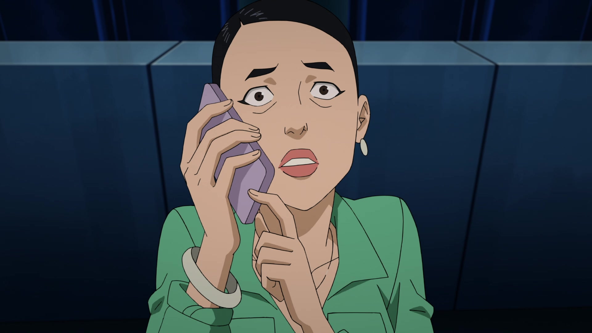Debbie Grayson (Sandra Oh) tries to warn Atom Eve (Gillian Jacobs) and Invincible (Steven Yeun) about Omni-Man's (J.K. Simmons) heel turn in Invincible Season 1 Episode 7 "We Need To Talk" (2021), Amazon