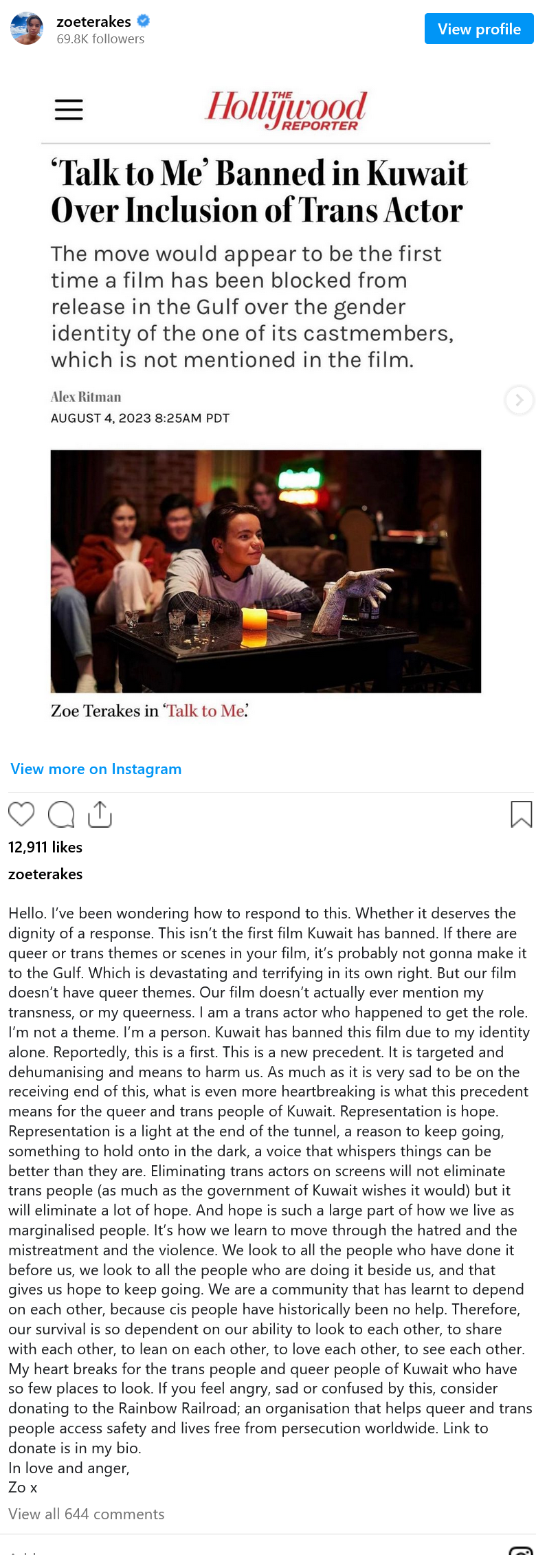 Zoe Terakes responds to Kuwait's banning of Talk to Me
