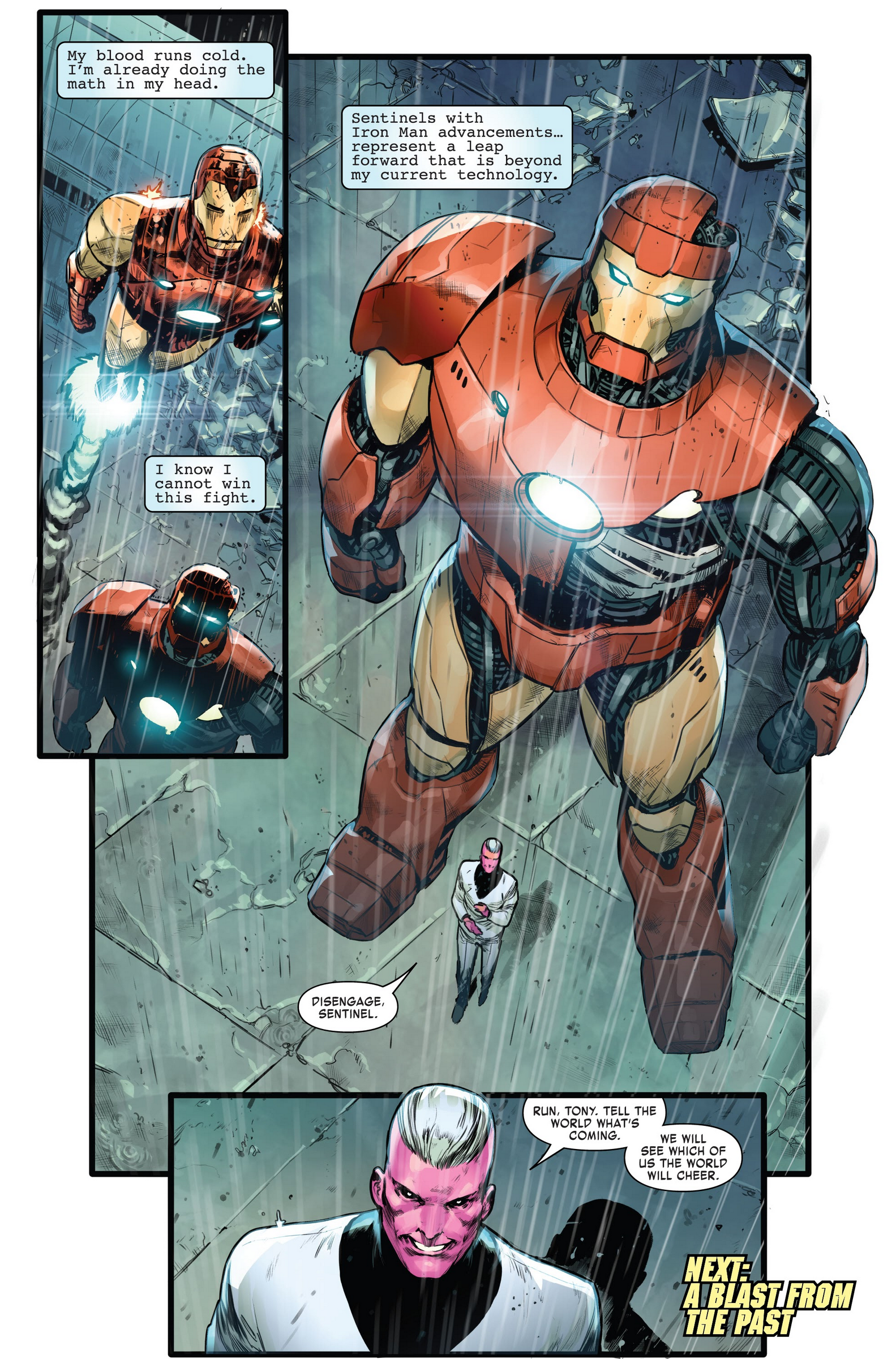 Feilong unveils his new Stark Sentinel in Invincible Iron Man Vol. 5 #5 "The Autobiography of Tony Stark - Conclusion" (2023), Marvel Comics. Words by Gerry Duggan, art by Juan Frigeri, Bryan Valenza, and Joe Caramagna.