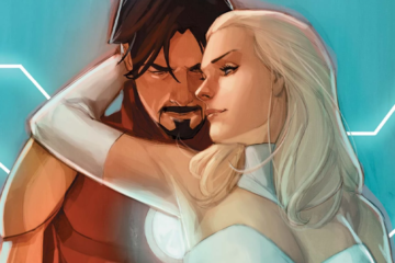 Tony Stark and Emma Frost share a dance on Phil Noto's variant cover to Invincible Iron Man Vol. 5 #5 "The Autobiography of Tony Stark - Conclusion" (2023), Marvel Comics