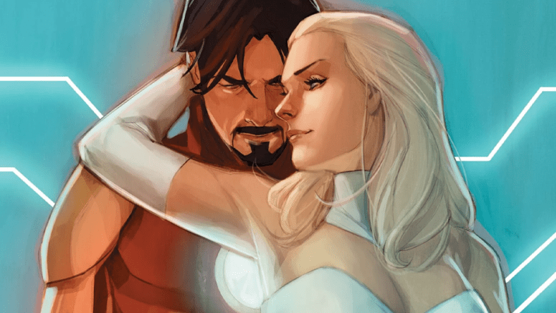 Tony Stark and Emma Frost share a dance on Phil Noto's variant cover to Invincible Iron Man Vol. 5 #5 "The Autobiography of Tony Stark - Conclusion" (2023), Marvel Comics