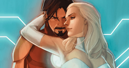 Tony Stark and Emma Frost share a dance on Phil Noto's variant cover to Invincible Iron Man Vol. 5 #5 "The Autobiography of Tony Stark - Conclusion" (2023), Marvel Comics