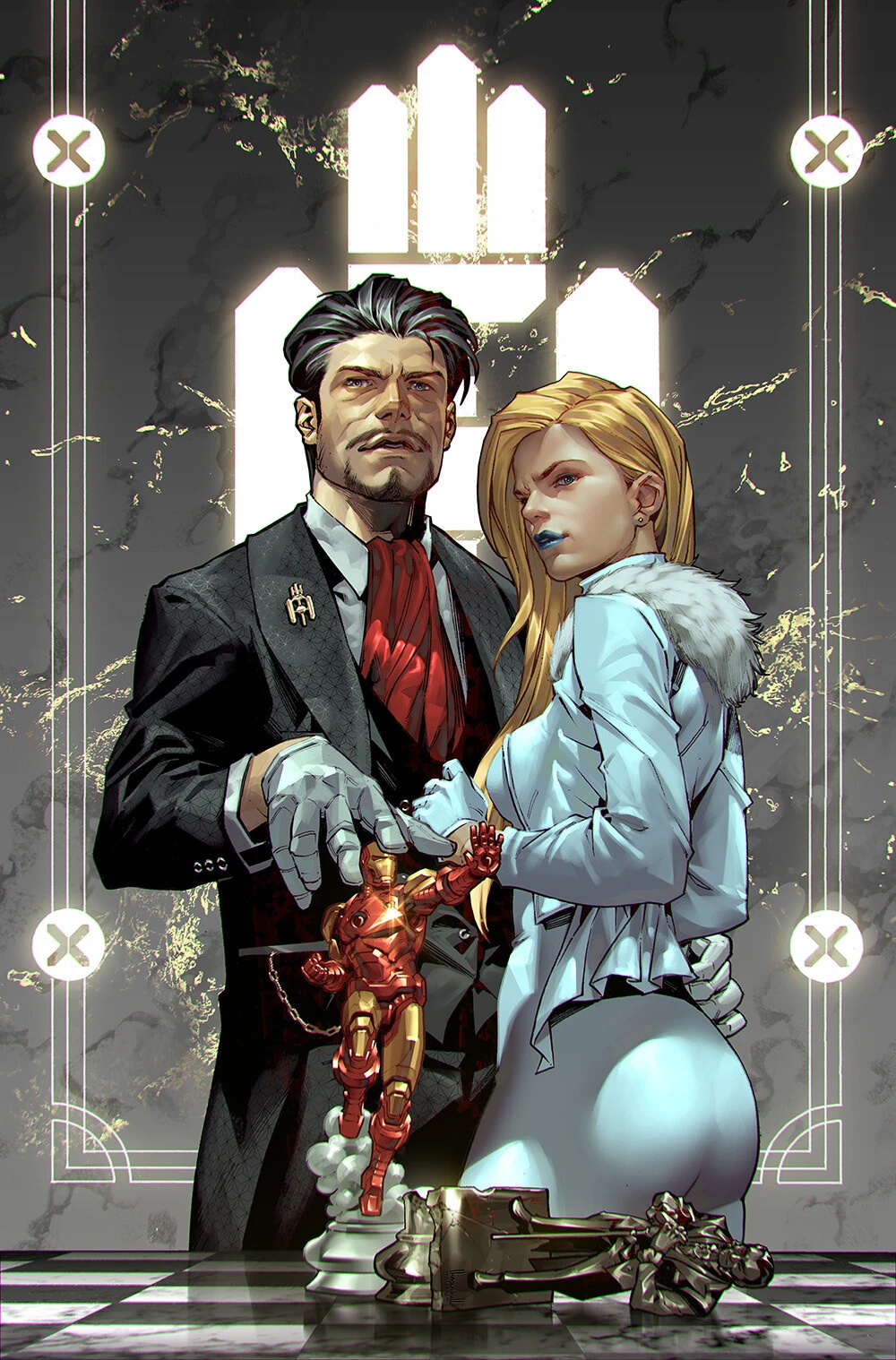 A newly married Tony Stark and Emma Frost consolidate their power on Kael Ngu's variant cover to Invincible Iron Man Vol. 5 #11 (2023), Marvel Comics