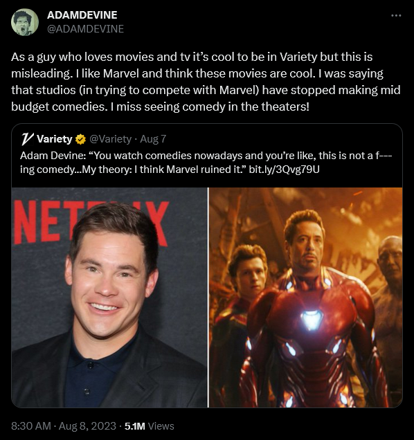 Adam DeVine clarifies his opinion regarding Marvel Studios and the current state of Hollywood comedy production.