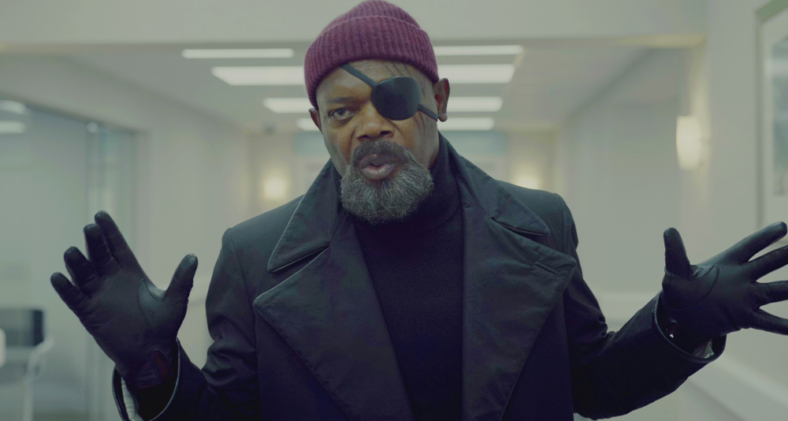 Nick Fury (Samuel L. Jackson) exposes the Skrulls' plans in Secret Invasion Season 1 Episode 6 "Home" (2023), Marvel Entertainment