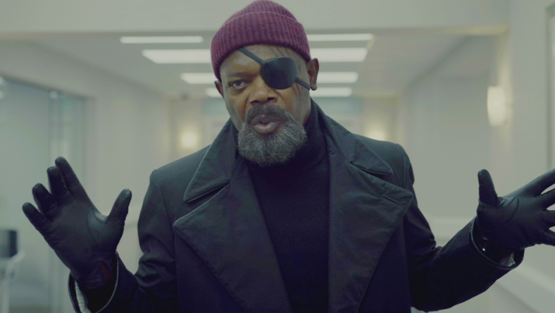 Nick Fury (Samuel L. Jackson) exposes the Skrulls' plans in Secret Invasion Season 1 Episode 6 "Home" (2023), Marvel Entertainment