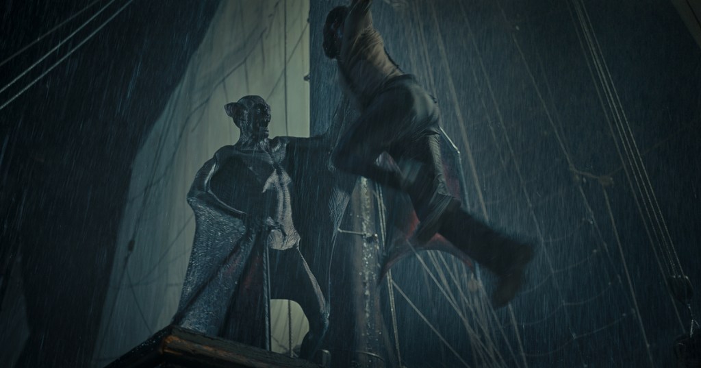 (from left) Nosferatu (Javier Botet) and Clemens (Corey Hawkins) in The Last Voyage of the Demeter, directed by André Øvredal.