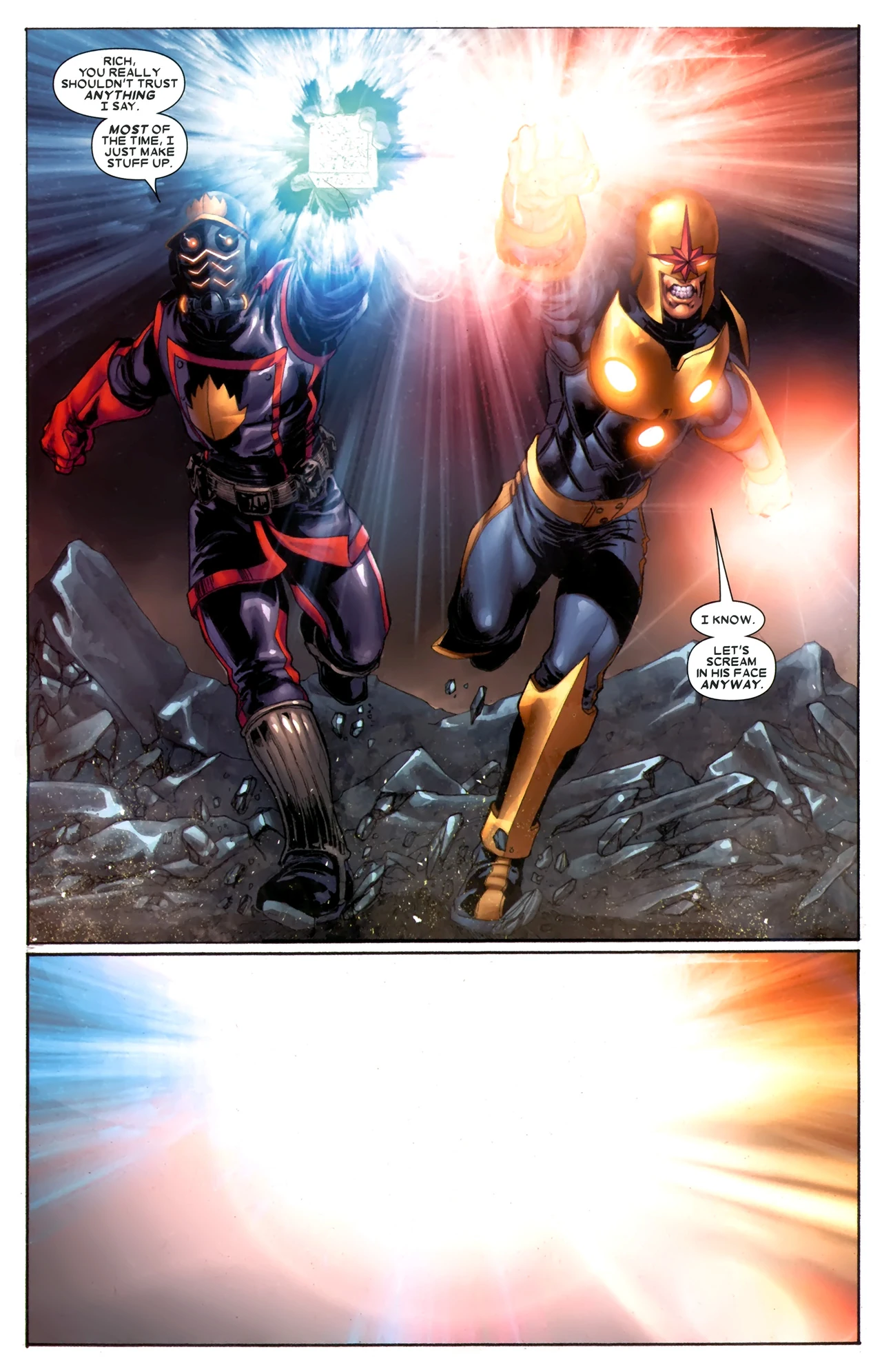 Star-Lord and Nova sacrifice themselves to prevent Thanos from escaping the Cancerverse in Thanos Imperative Vol. 1 #6 (2010), Marvel Comics. Words by Dan Abnett and Andy Lanning, art by Miguel Sepulveda, Jay David Ramos, and Joe Caramagna.