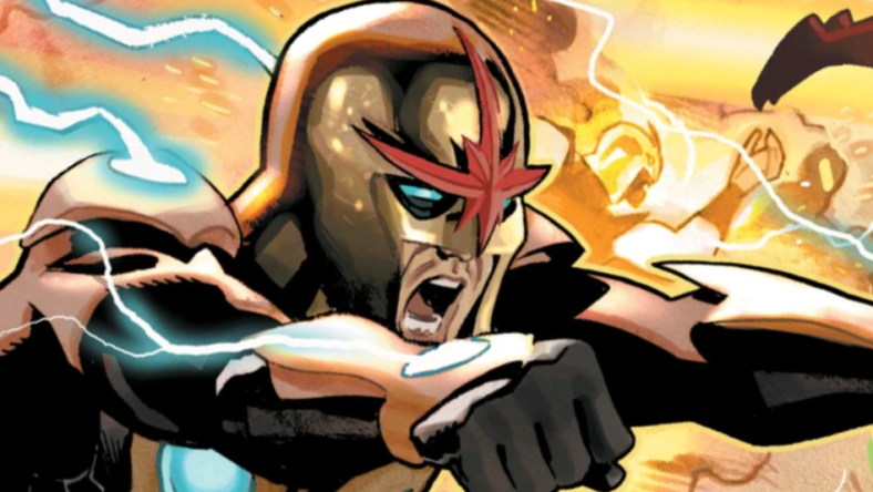 Nova rockets forth on Daniel Acuna's cover to Nova Vol. 4 #27 "Shock and Awe" (2009), Marvel Comics