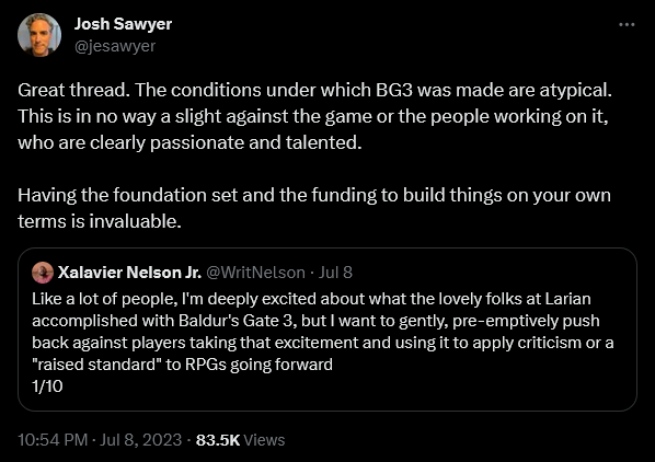 Josh Sawyer weighs in on the fallout of Baldur's Gate 3