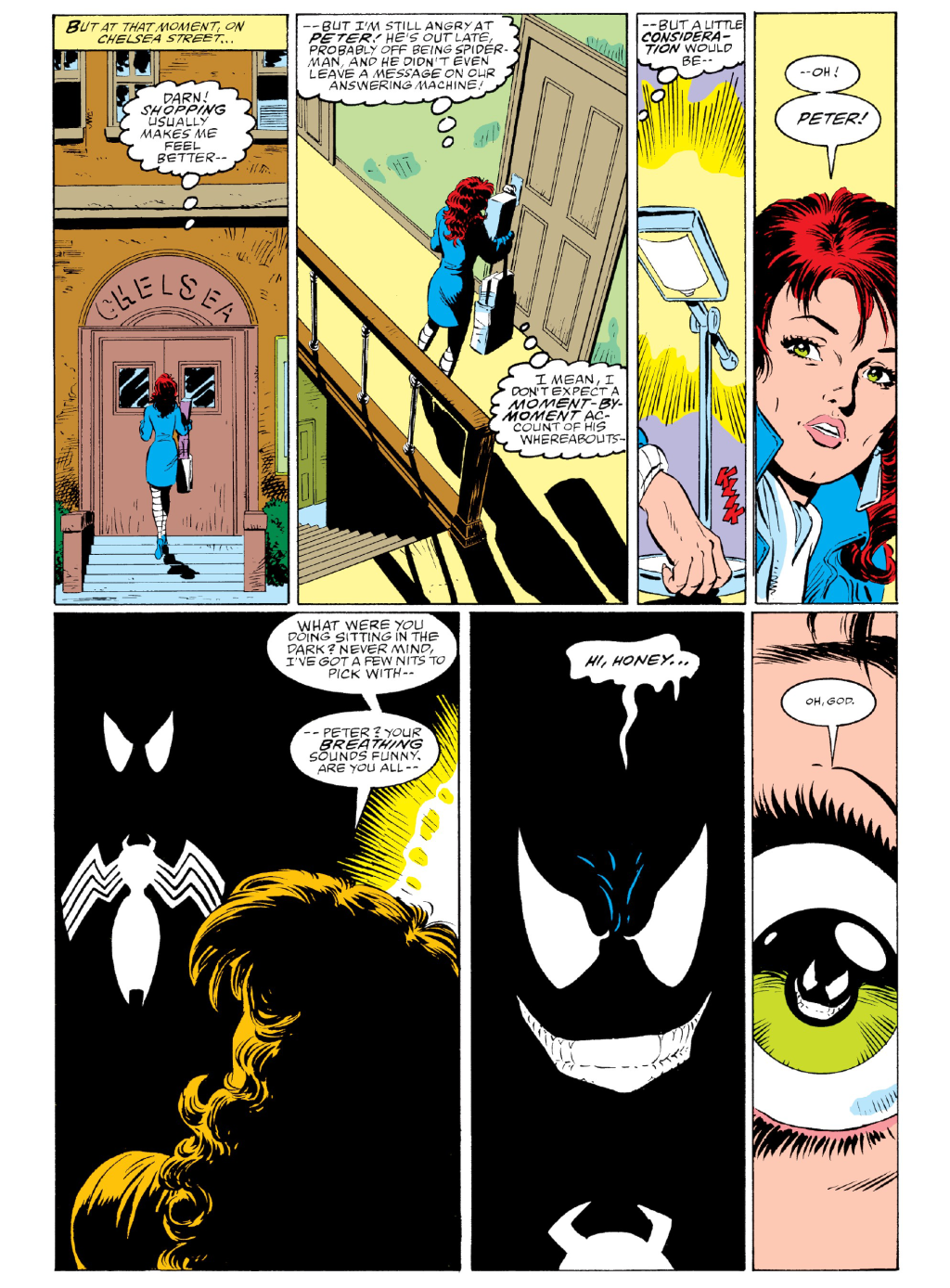 Mary-Jane receives a surprise Symbiote visitor in Amazing Spider-Man Vol. 1 #299 "Survival of the Hittist!" (1987), Marvel Comics. Words by David Michelinie, art by Todd McFarlane, Bob McLeod, Bob Sharen, and Rick Parker.
