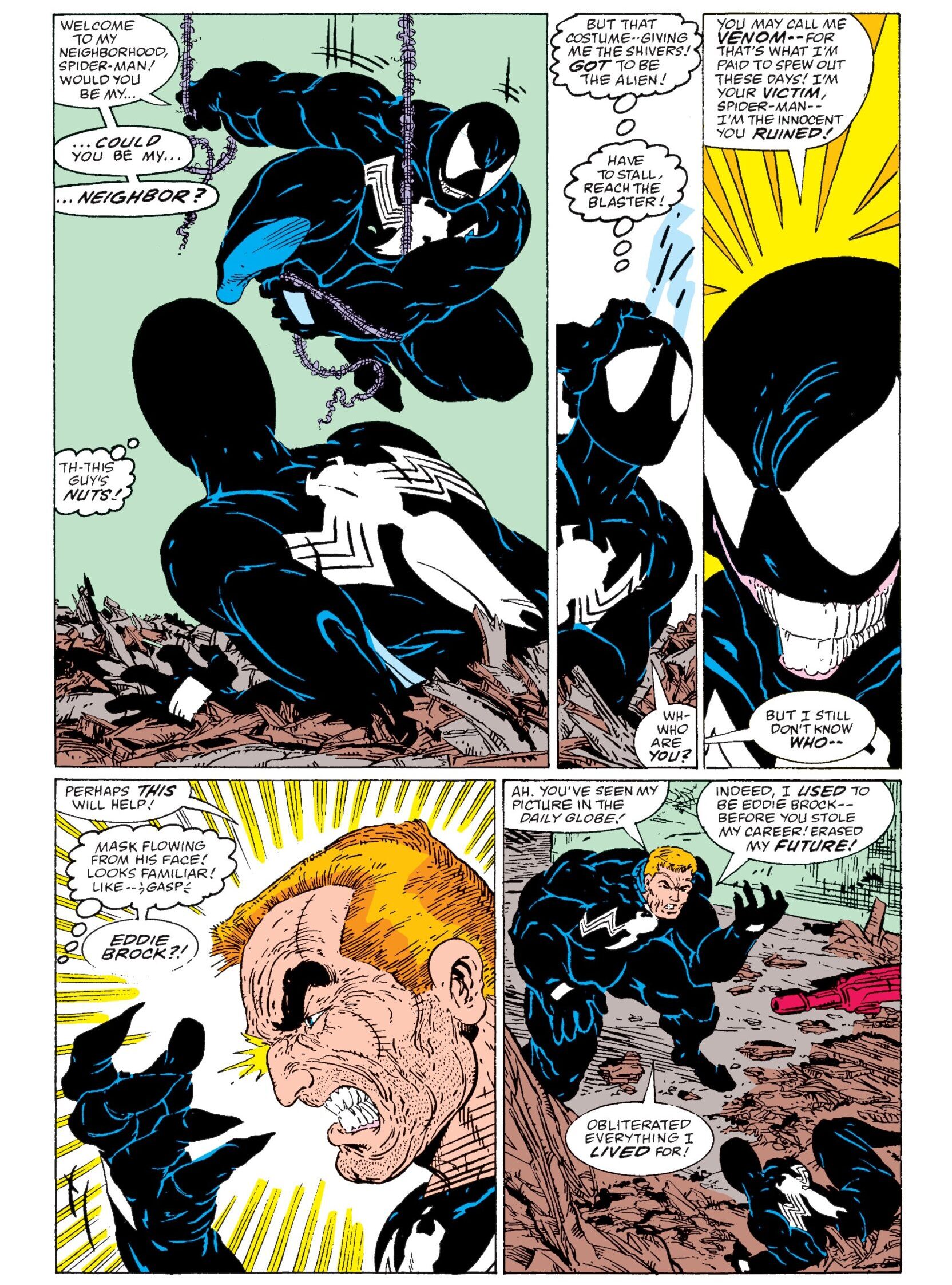 Venom reveals himself in Amazing Spider-Man Vol. 1 #300 "Venom" (1988), Marvel Comics. Words by David Michelinie, art by Todd McFarlane, Bob McLeod, Bob Sharen, and Rick Parker.