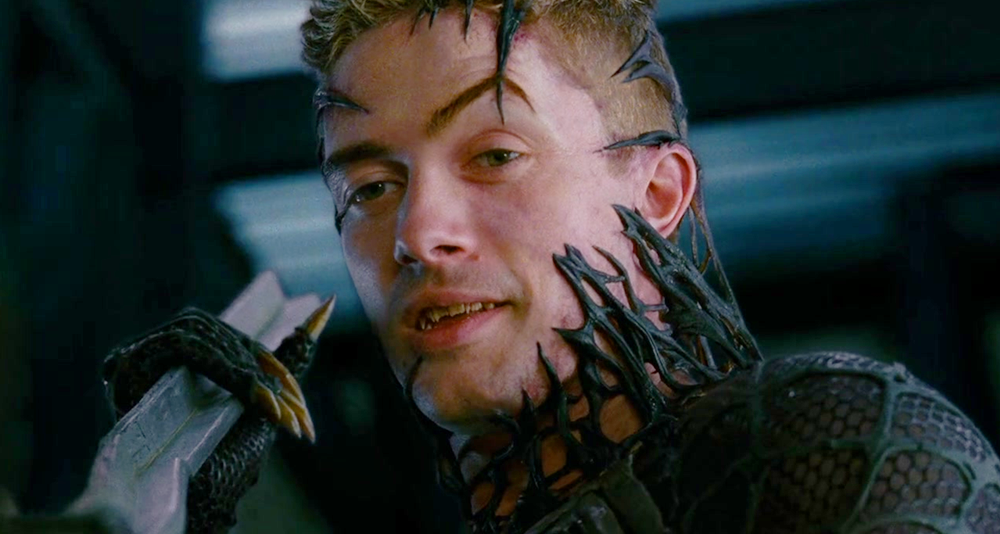 Venom (Topher Grace) threatens Peter Parker (Tobey Maguire) in Spider-Man 3 (2007), Sony Pictures