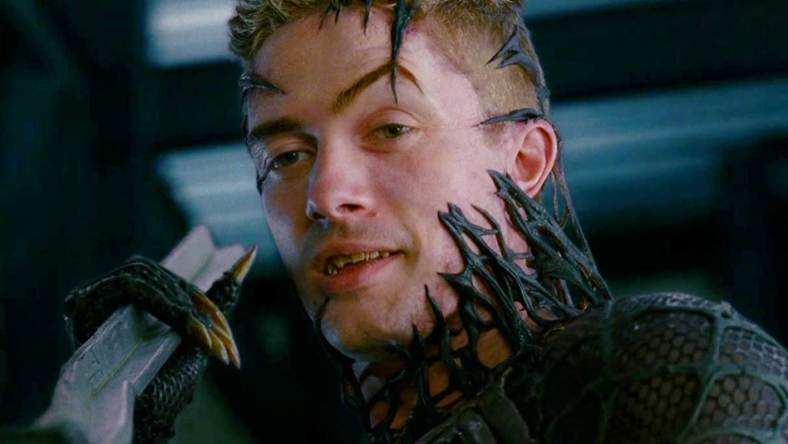 Venom (Topher Grace) threatens Peter Parker (Tobey Maguire) in Spider-Man 3 (2007), Sony Pictures