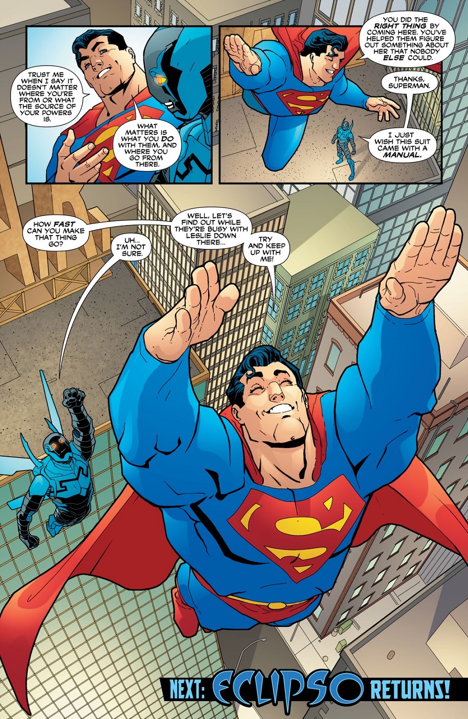 Superman has some advice for Jamie Reyes in Blue Beetle Vol. 7 #15 "Someone to Watch Over Me" (2007), DC. Words by J. Torres, art by Freddie E. Williams II, Guy Major, and Phil Balsman.