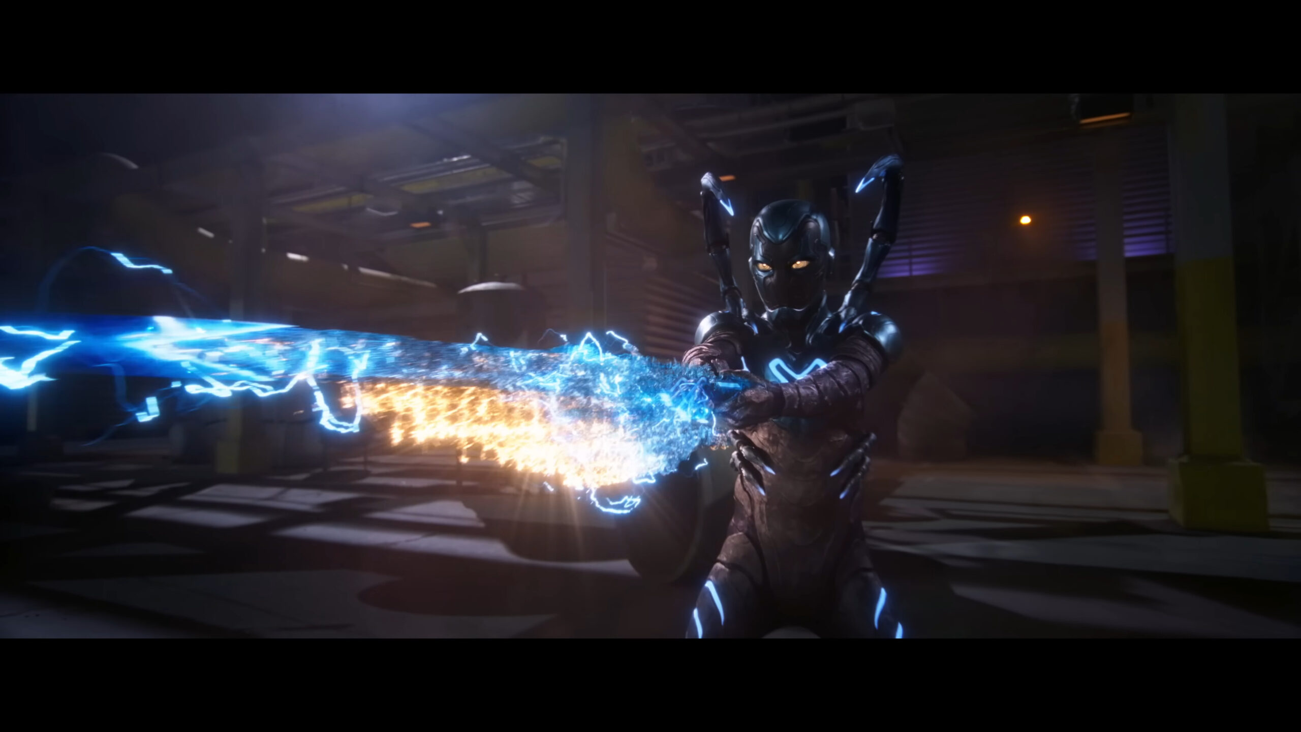Jamie Reyes (Xolo Maridueña) strikes the 'Obari Pose' while summoning a sword in Blue Beetle (2023), DC Studios